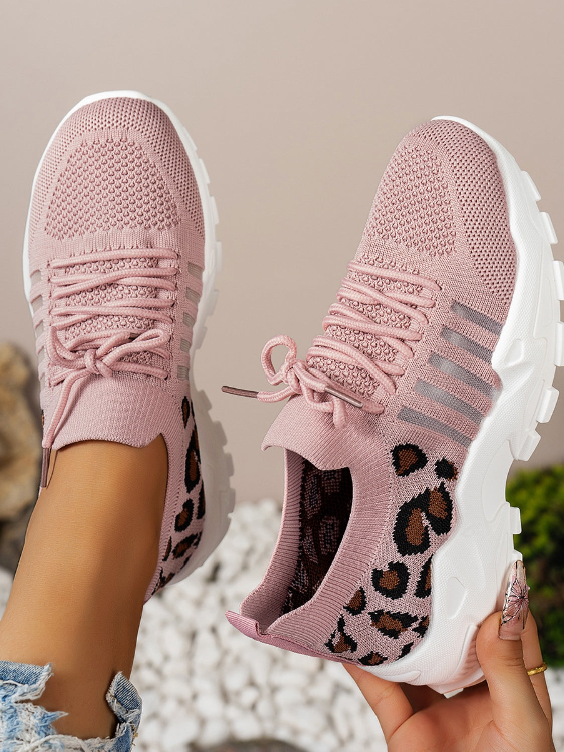Cutout Leopard Lace Up Mesh Athletic Sneaker
