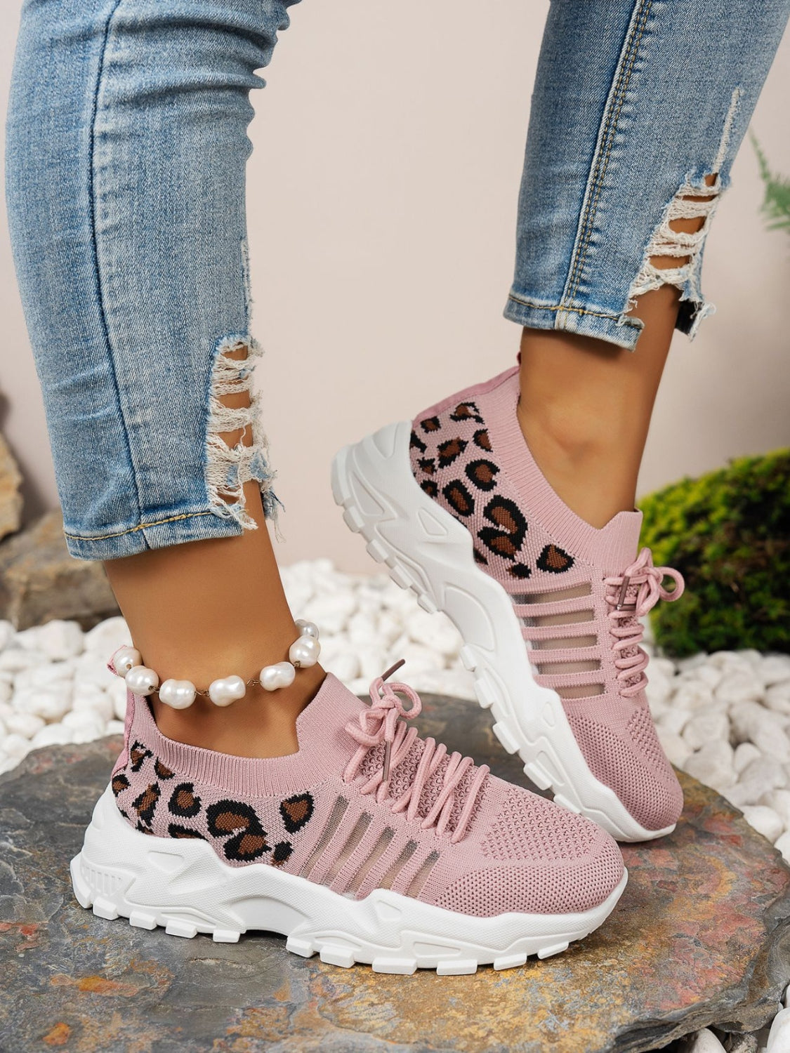 Cutout Leopard Lace Up Mesh Athletic Sneaker