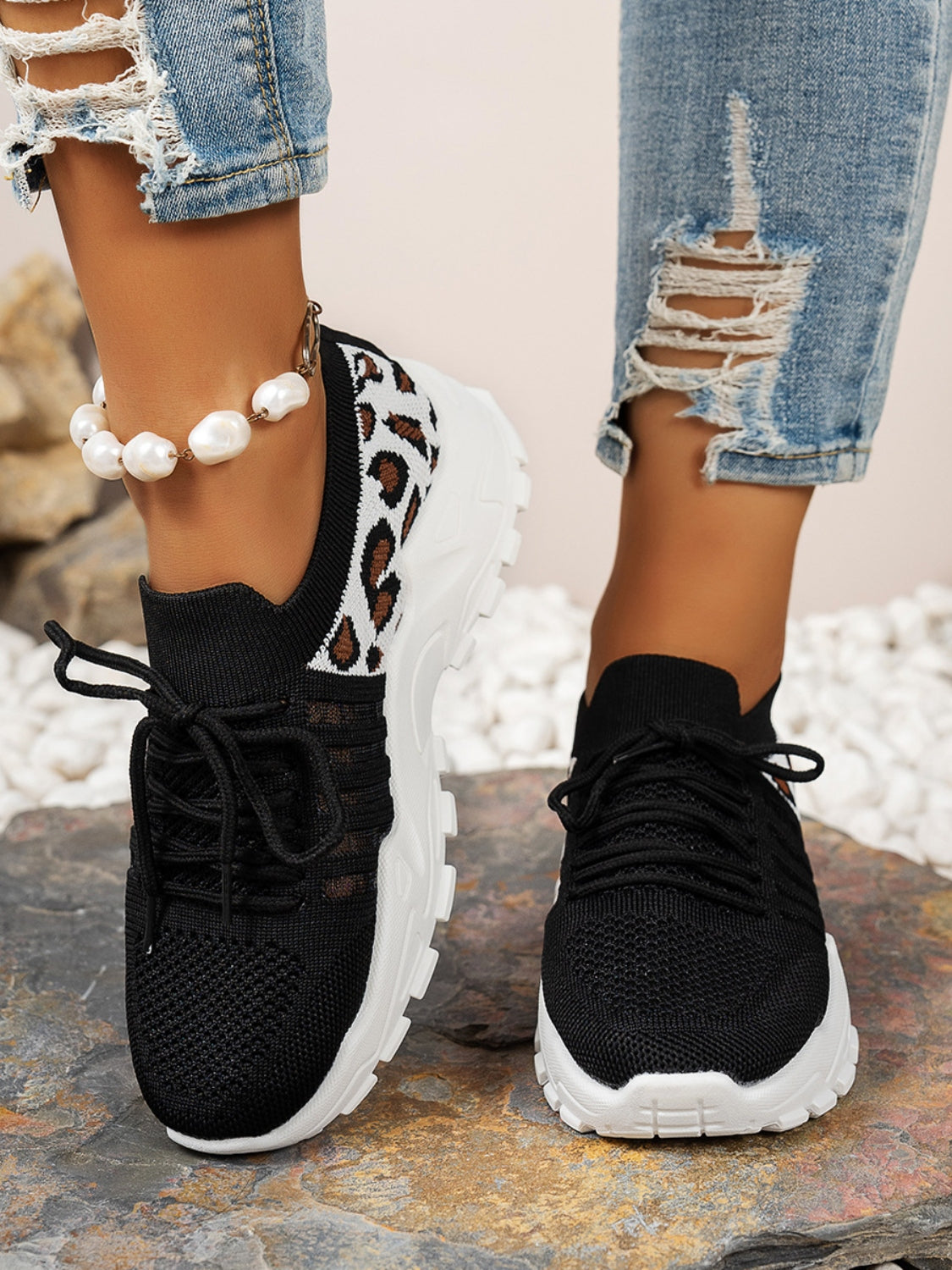 Cutout Leopard Lace Up Mesh Athletic Sneaker