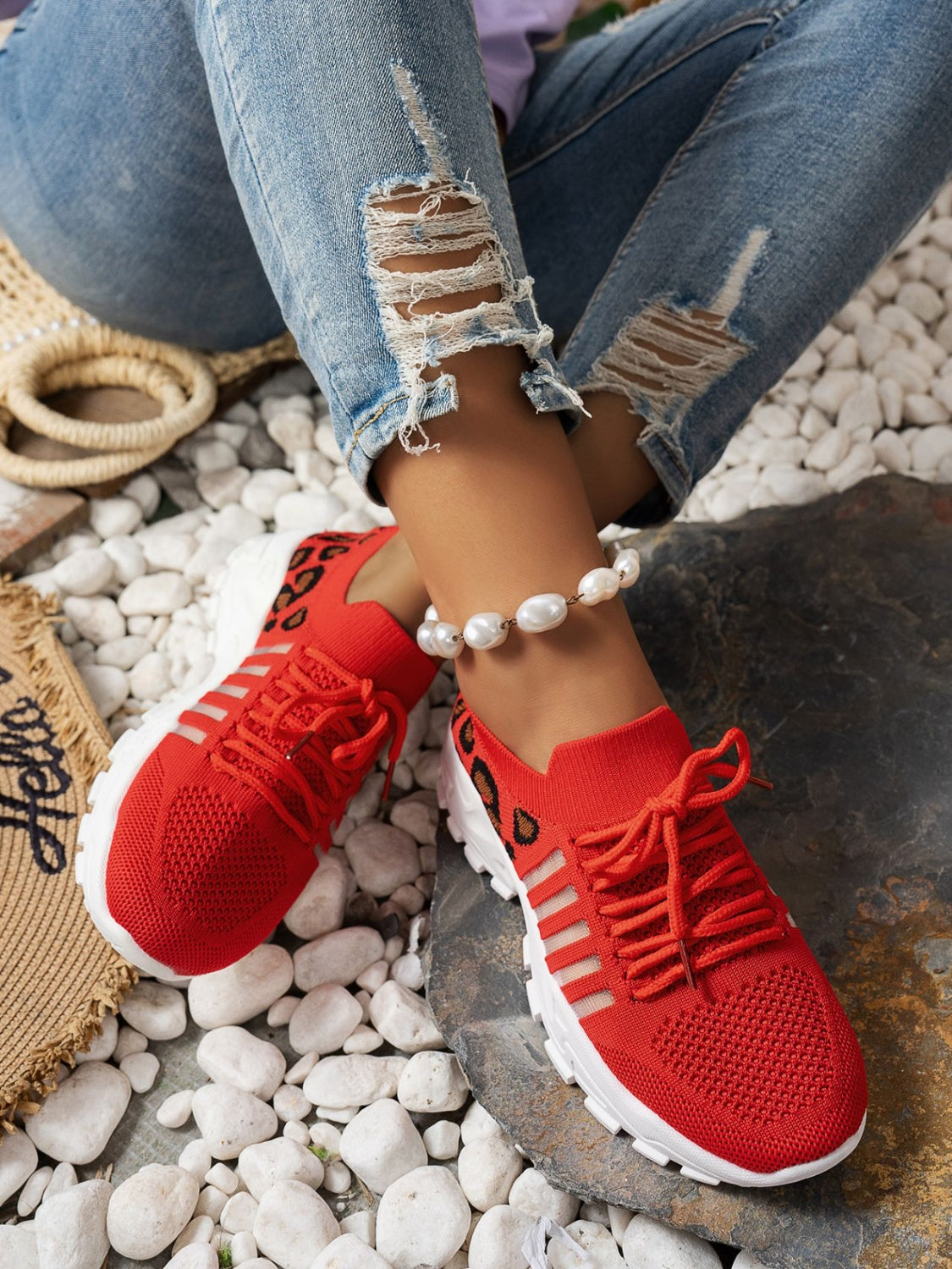 Cutout Leopard Lace Up Mesh Athletic Sneaker