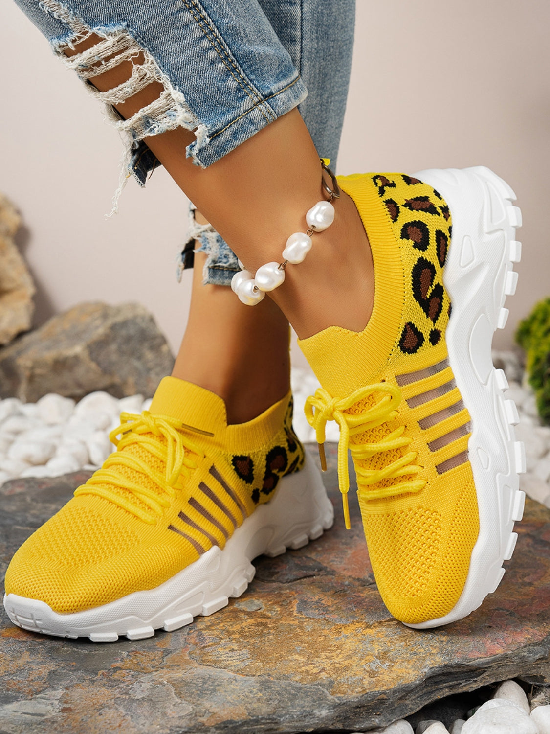 Cutout Leopard Lace Up Mesh Athletic Sneaker