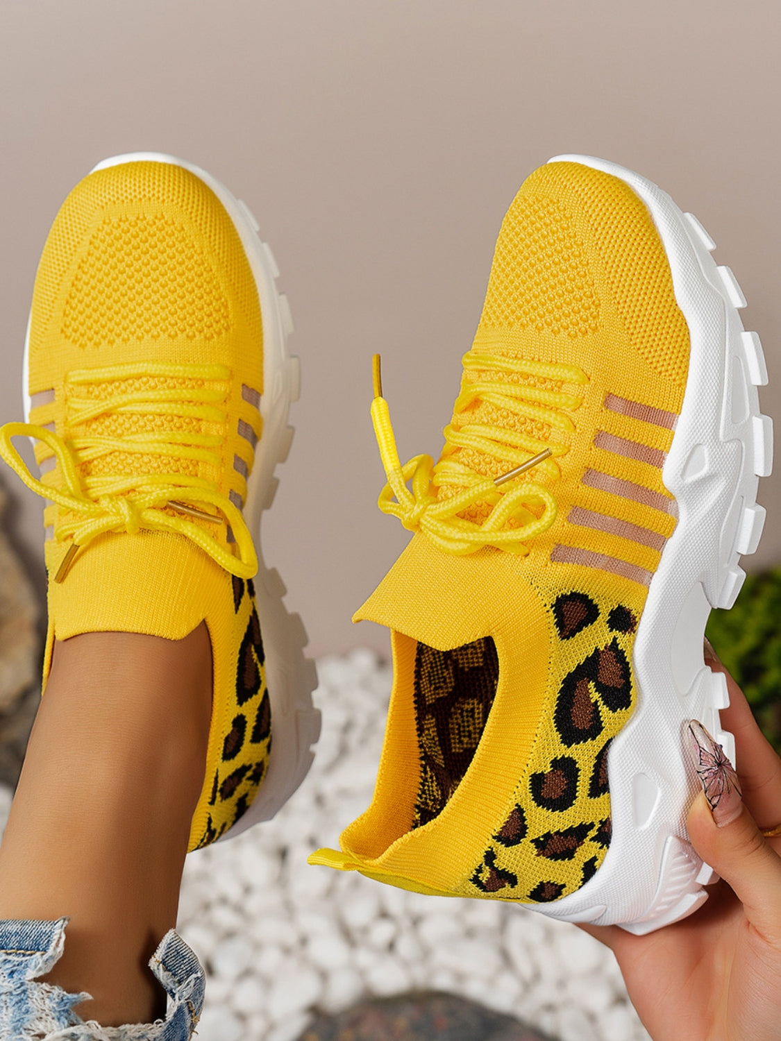 Cutout Leopard Lace Up Mesh Athletic Sneaker