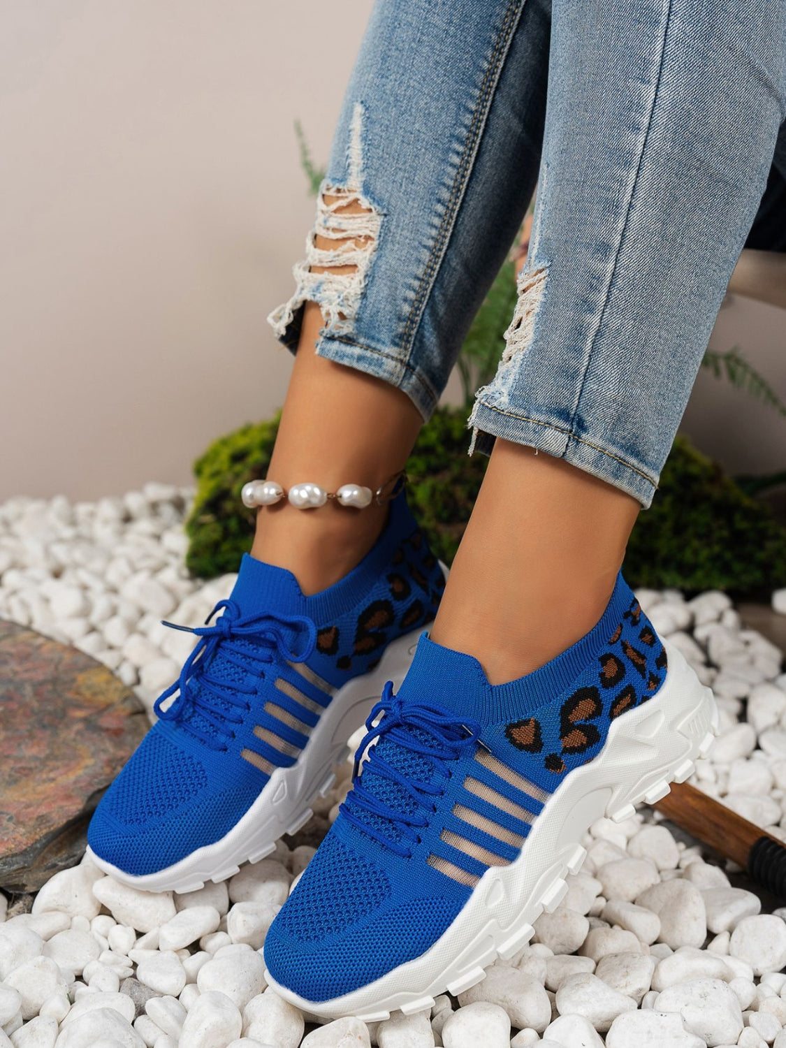 Cutout Leopard Lace Up Mesh Athletic Sneaker