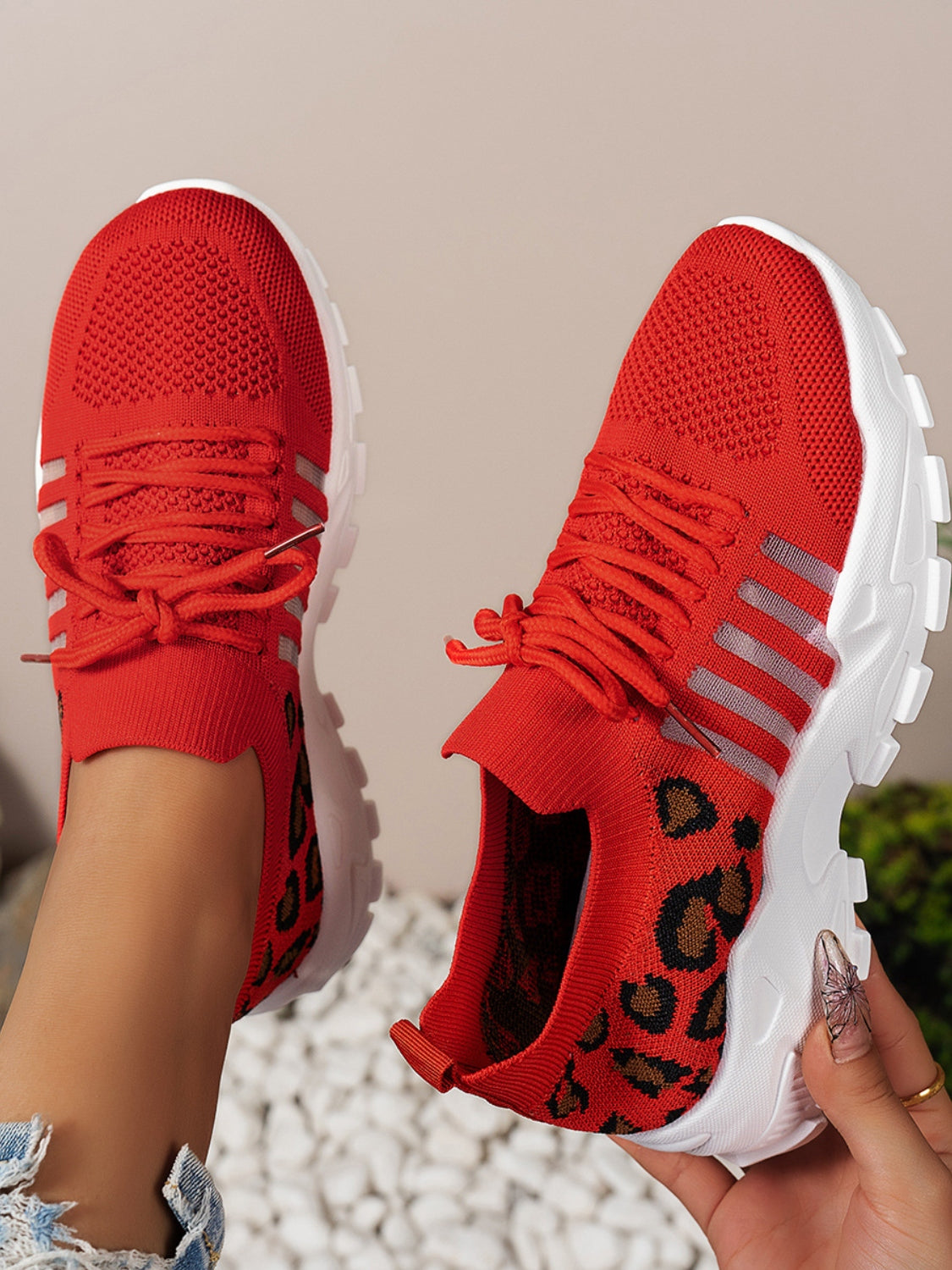 Cutout Leopard Lace Up Mesh Athletic Sneaker