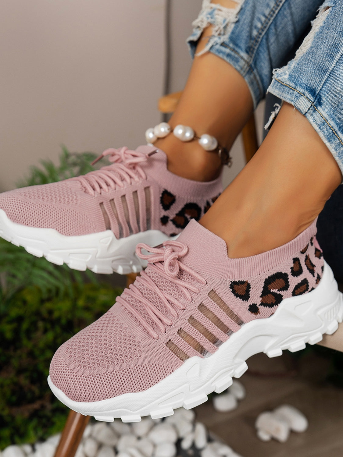 Cutout Leopard Lace Up Mesh Athletic Sneaker