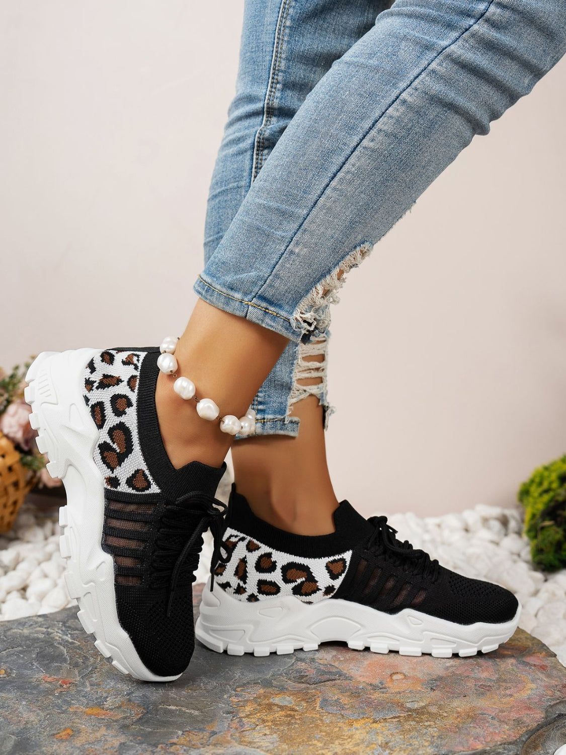 Cutout Leopard Lace Up Mesh Athletic Sneaker