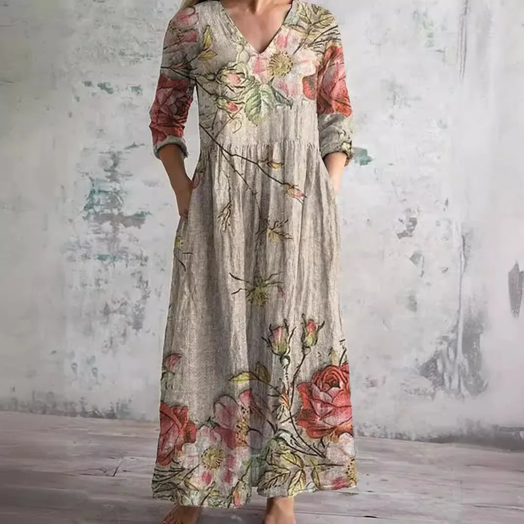 Retro Floral Cotton Linen Dress