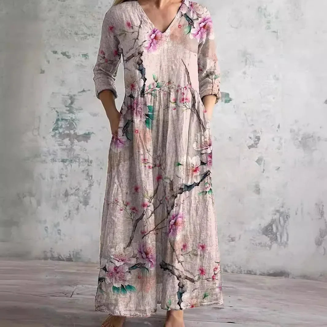 Retro Floral Cotton Linen Dress