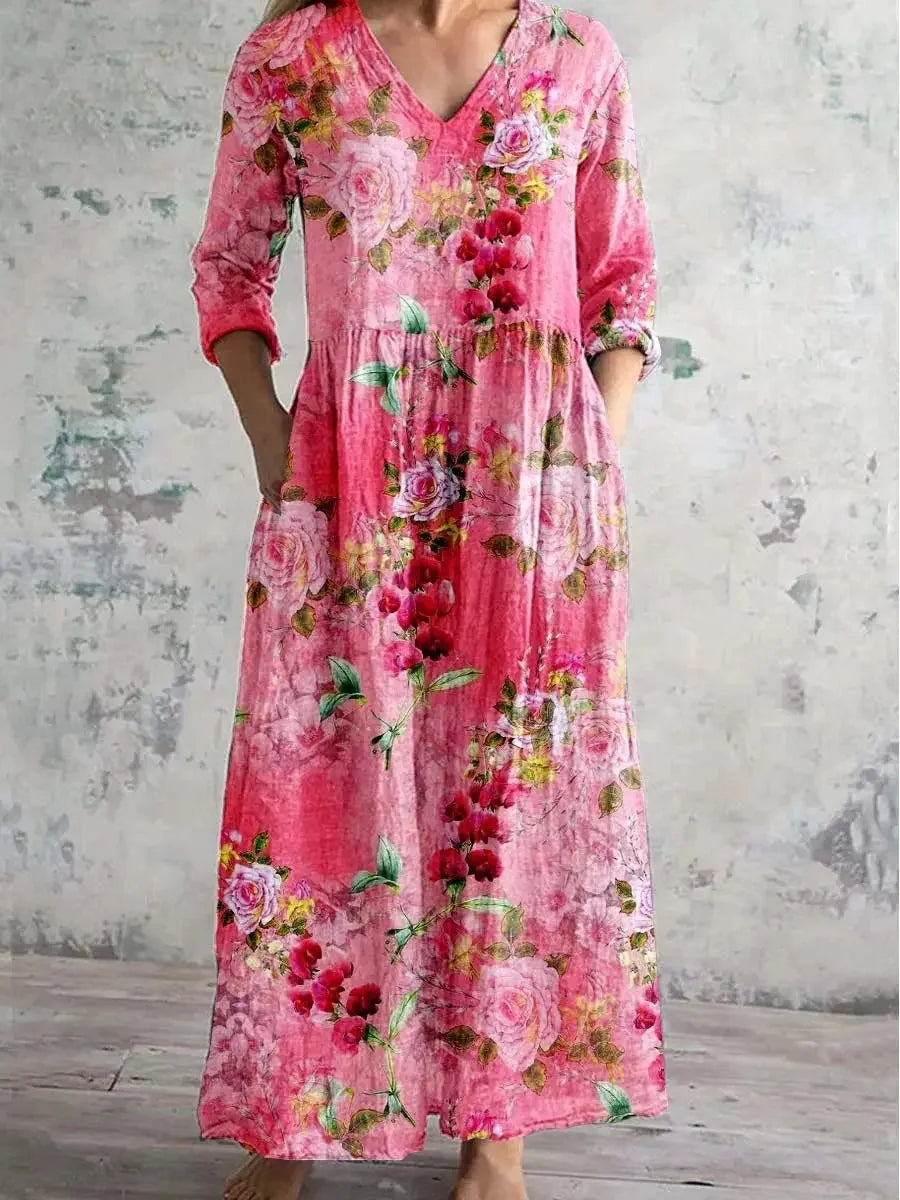 Retro Floral Cotton Linen Dress