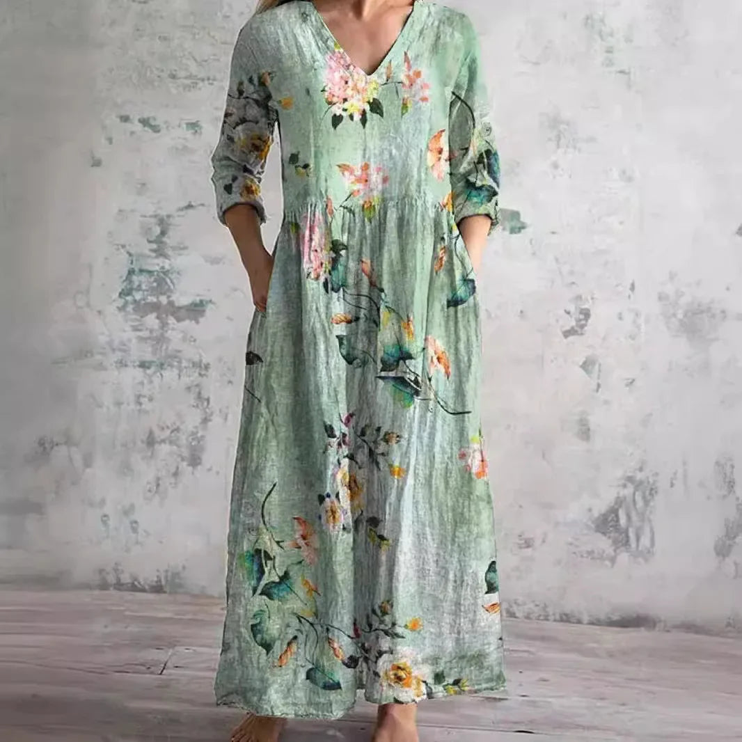 Retro Floral Cotton Linen Dress