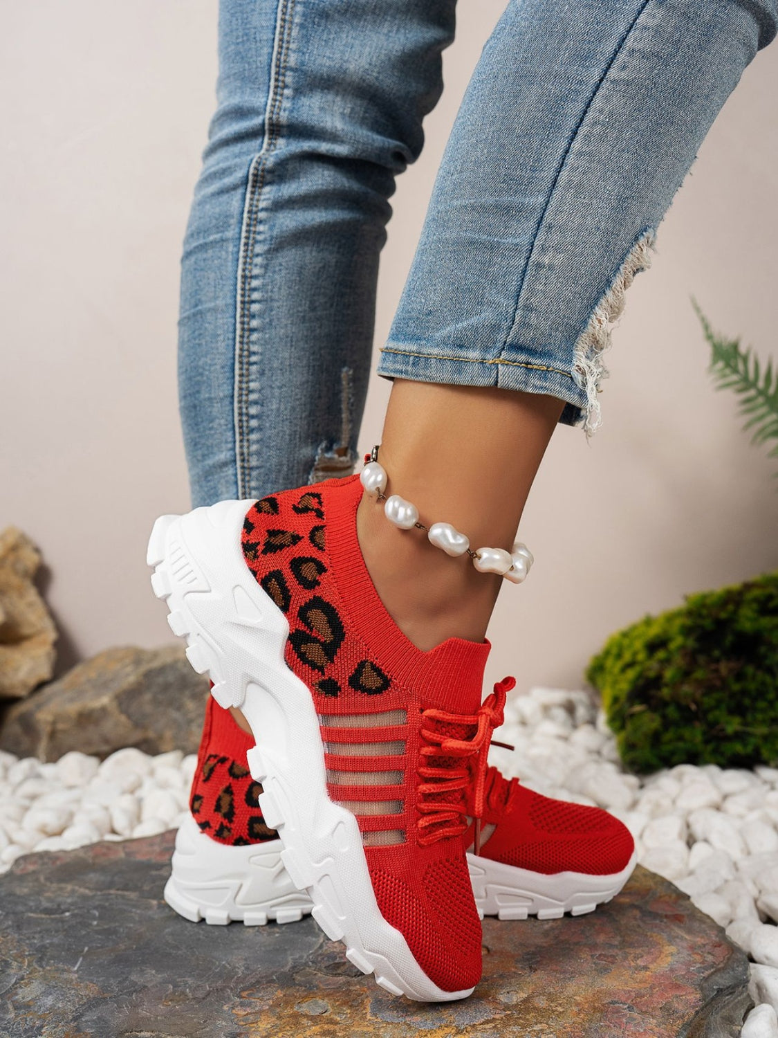 Cutout Leopard Lace Up Mesh Athletic Sneaker