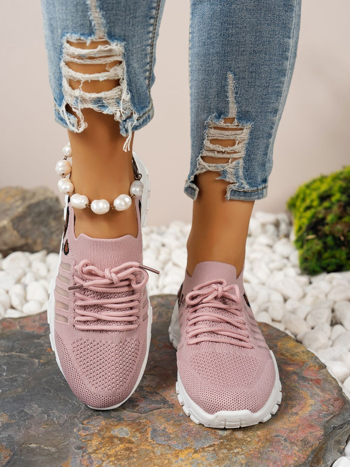 Cutout Leopard Lace Up Mesh Athletic Sneaker