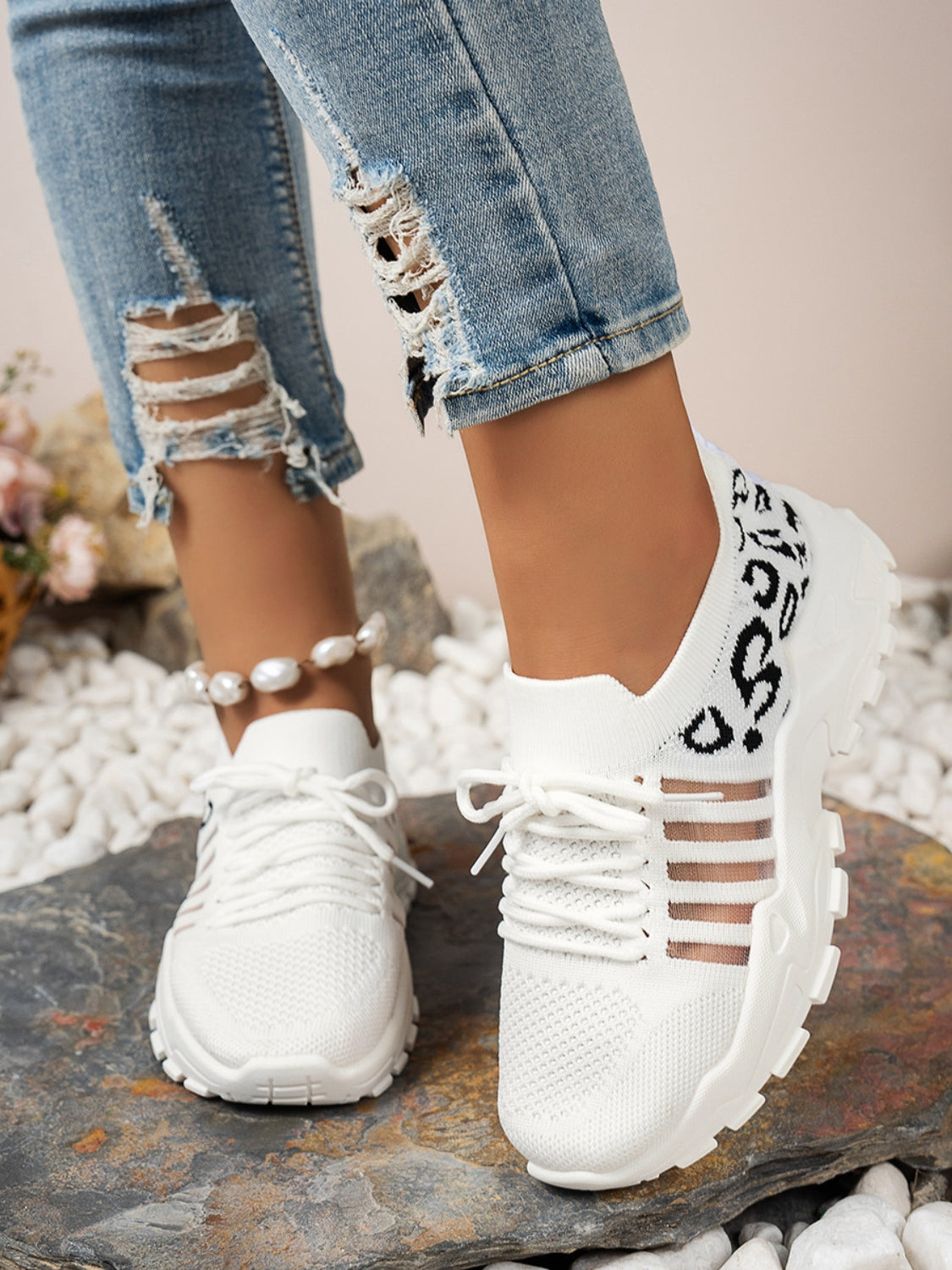 Cutout Leopard Lace Up Mesh Athletic Sneaker