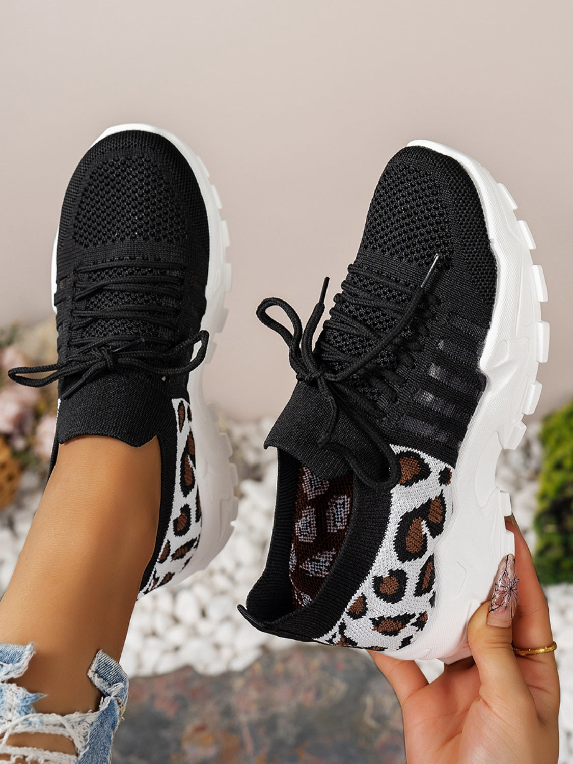 Cutout Leopard Lace Up Mesh Athletic Sneaker