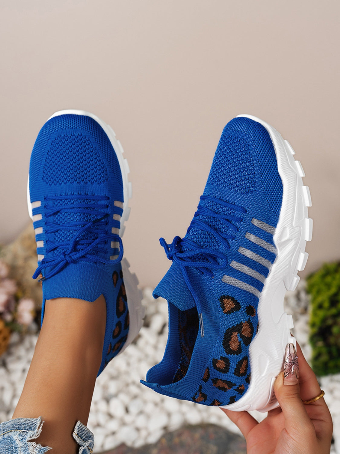 Cutout Leopard Lace Up Mesh Athletic Sneaker