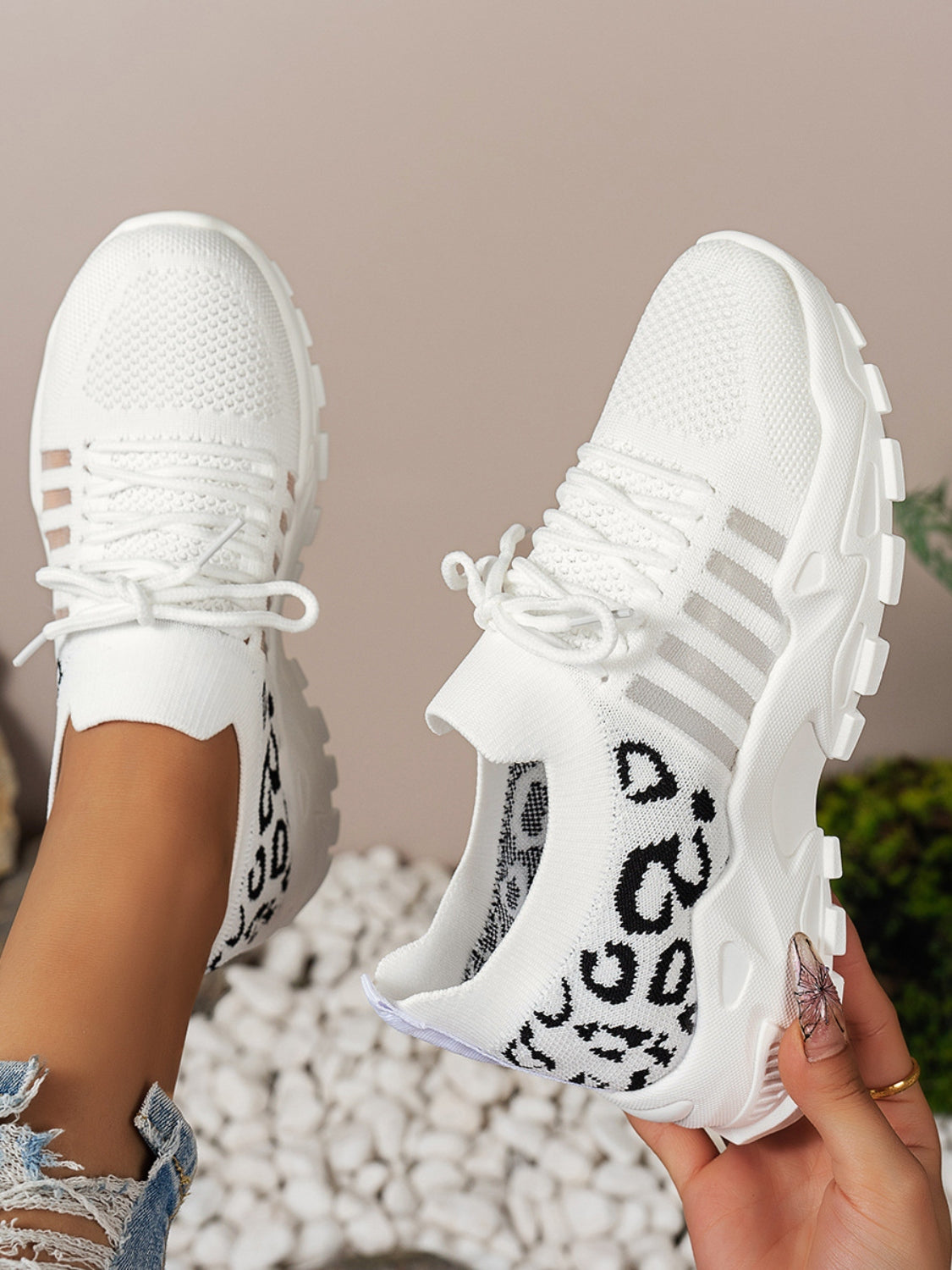 Cutout Leopard Lace Up Mesh Athletic Sneaker